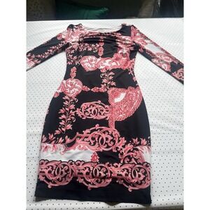 Cache Pink Baroque Print Bodycon Dress Women Small Metallic Gold Scroll Mini